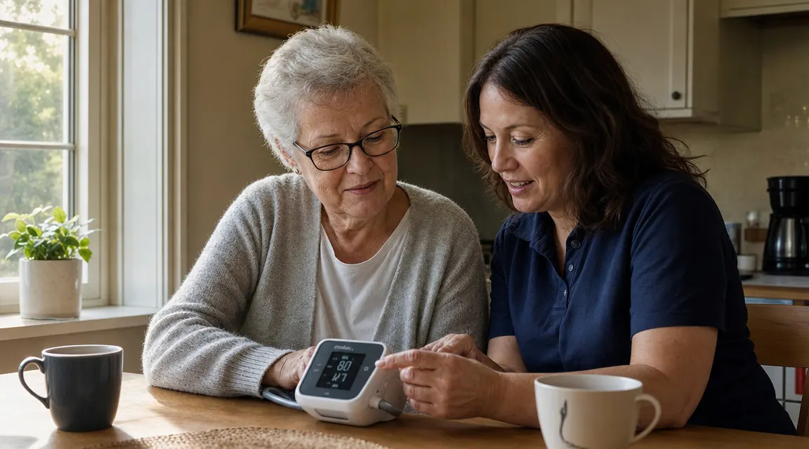 Two people sitting at a kitchen table, one older adult and one caregiver, looking at a blood pressure monitor together with a relaxed, matter-of-fact expression