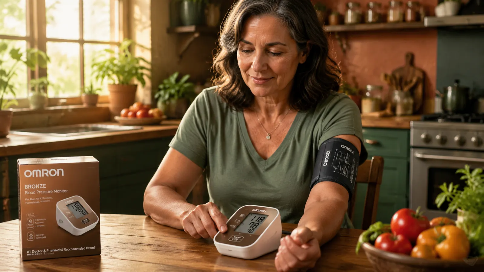 Person wrapping the Omron Bronze upper arm cuff on their left arm, seated at a kitchen table with back straight