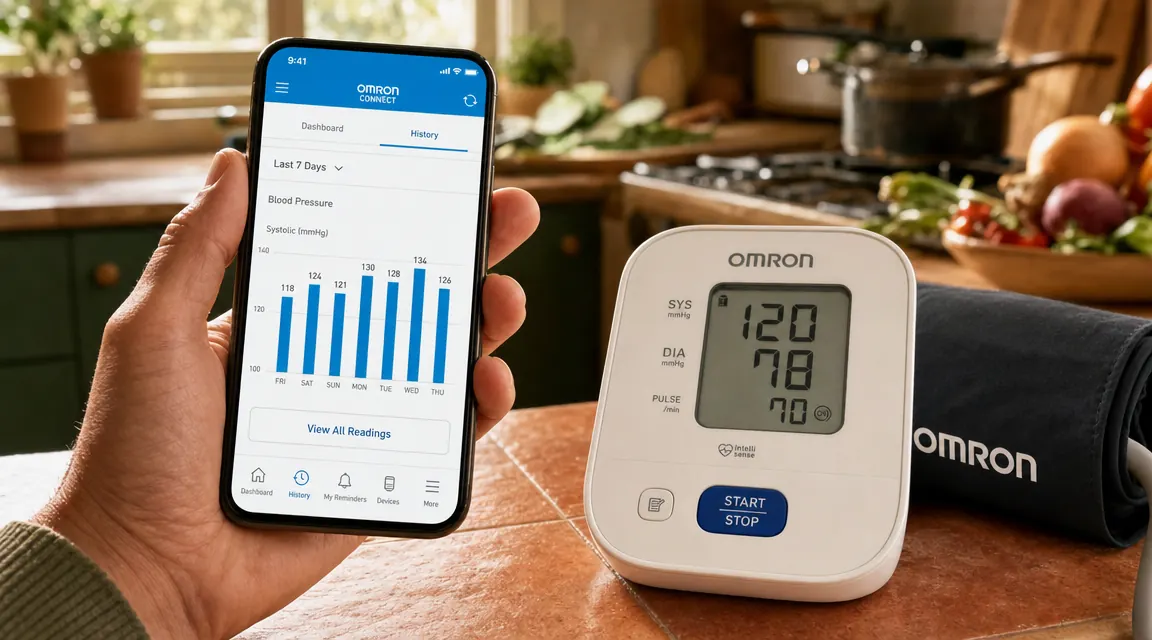 Omron CONNECT app screenshot showing a week of blood pressure readings in a trend graph on a smartphone