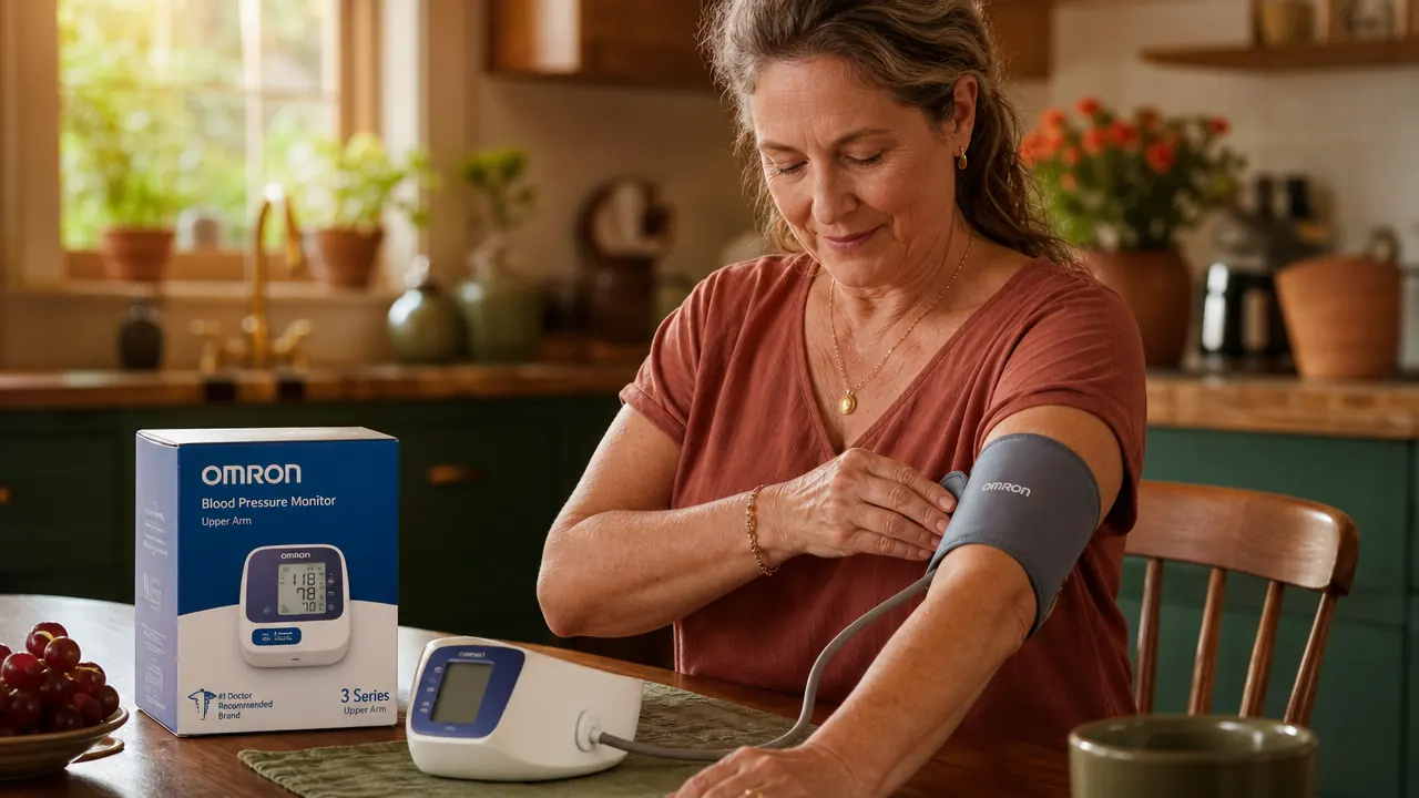 Hand wrapping an Omron upper arm cuff around a left arm, seated at a table