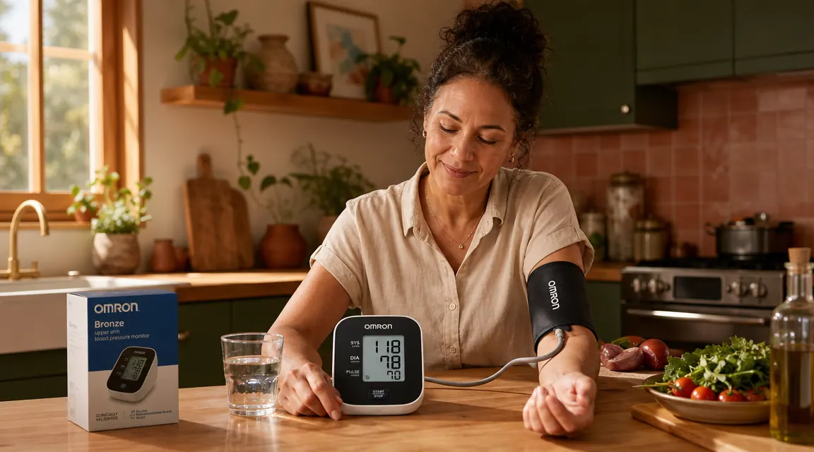 Close-up of the Omron Bronze blood pressure monitor displaying a reading, placed on a kitchen counter next to a glass of water