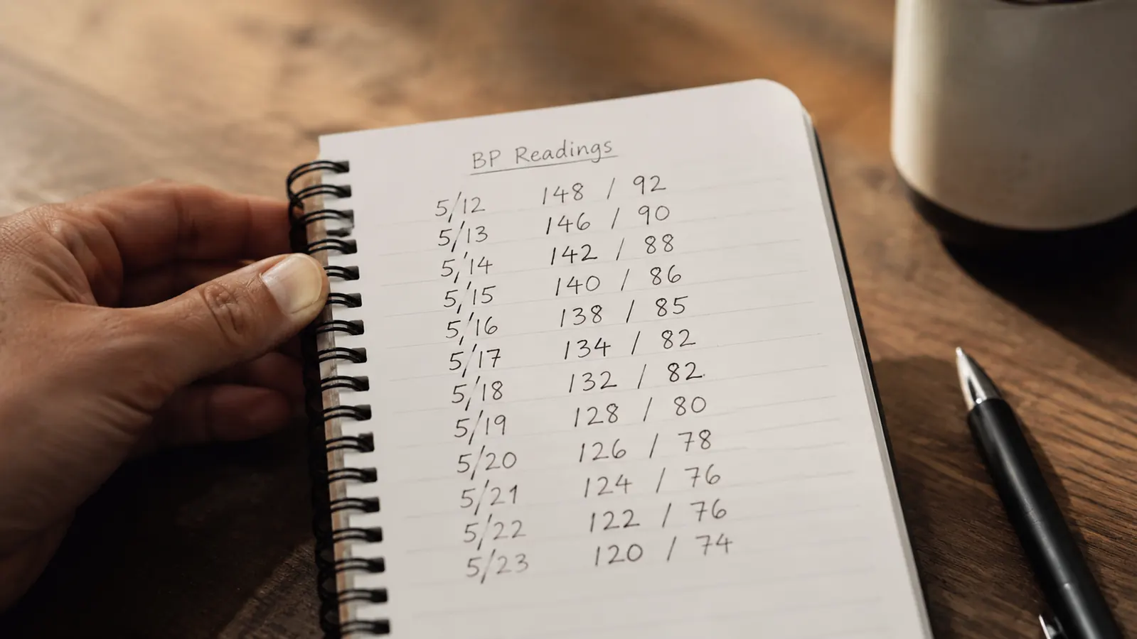 A simple handwritten log showing blood pressure readings tracked over three months, with a downward trend visible