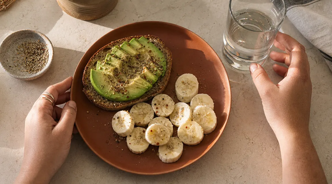 A potassium-rich breakfast spread with banana, avocado toast on whole grain bread, and a glass of water on a terracotta-toned placemat