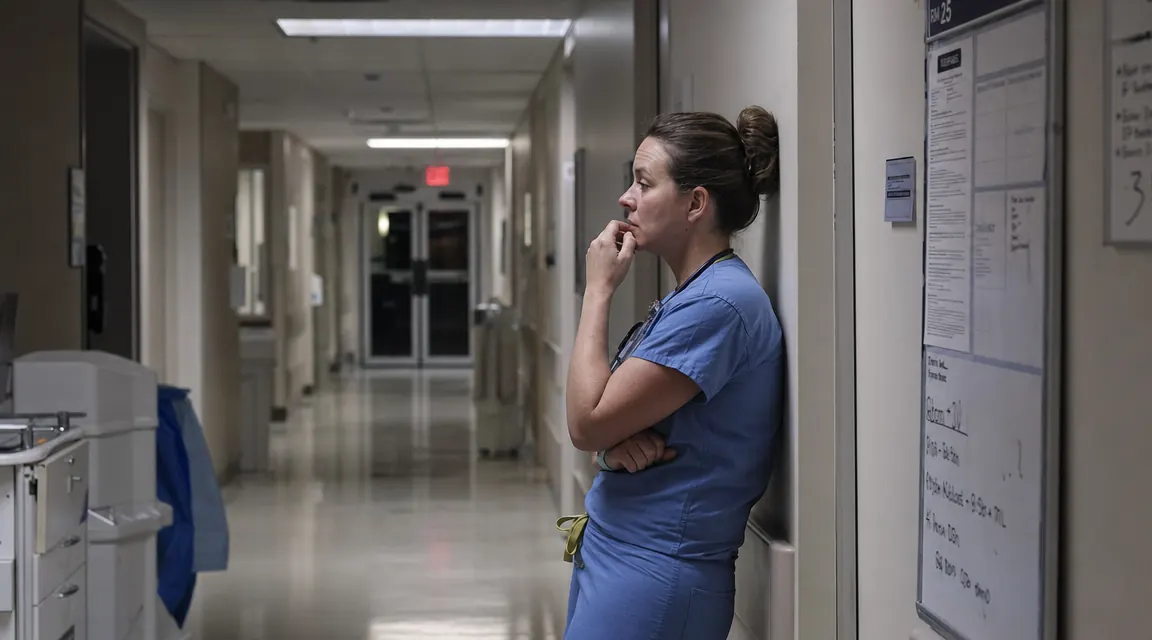 Hospital corridor at night, fluorescent lighting, a nurse standing near a whiteboard