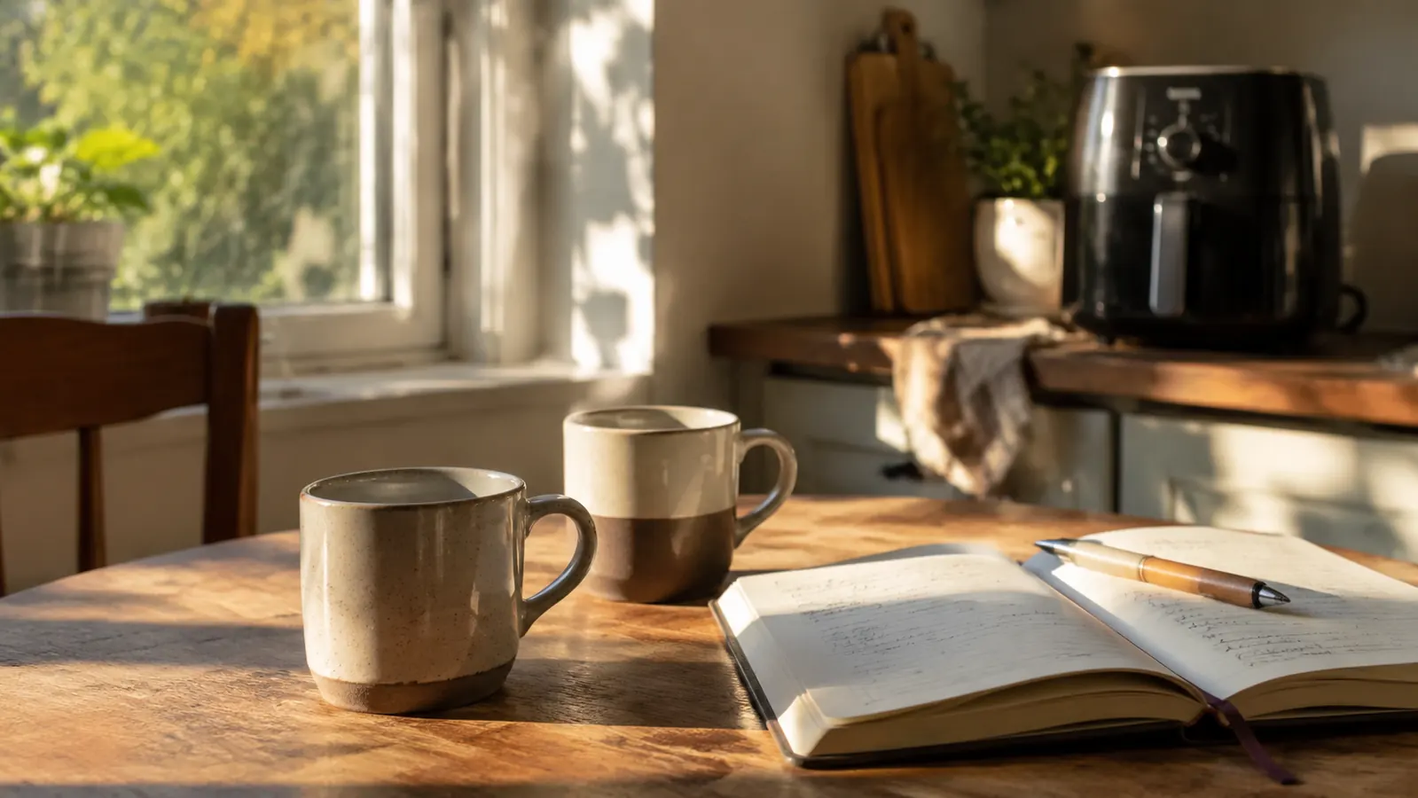 Kitchen table with two coffee mugs, a notebook, and an air fryer visible on the counter in background