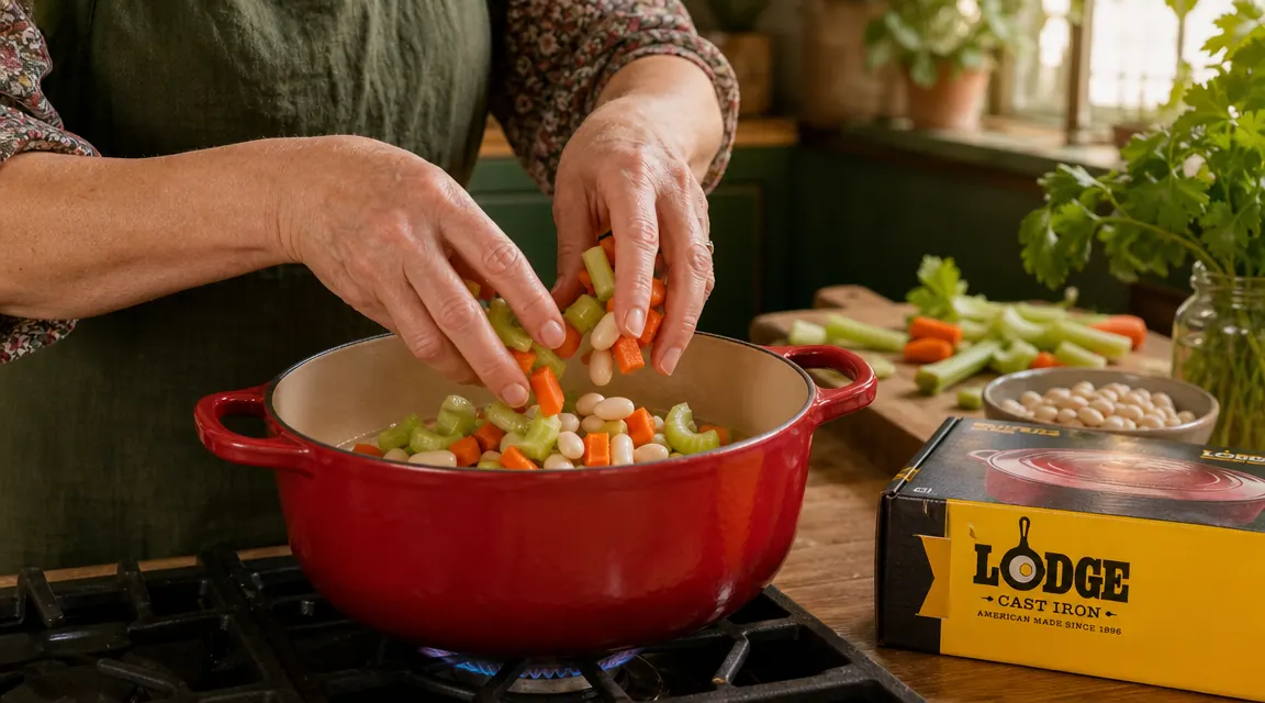 Hands lowering vegetables into a red enamel cast iron Dutch oven on a stovetop
