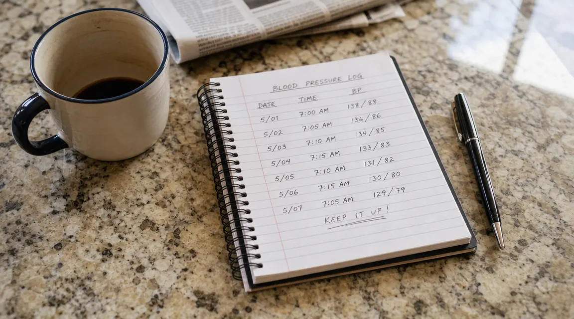 Handwritten weekly blood pressure log on a notepad next to a coffee cup