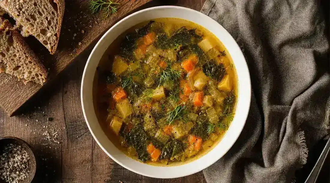 Bowl of low-sodium vegetable soup with crusty bread on a wooden board