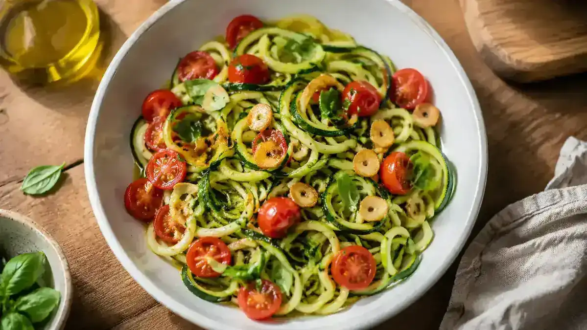 A white bowl of zucchini noodles tossed with olive oil, garlic, cherry tomatoes, and fresh basil on a wooden kitchen table